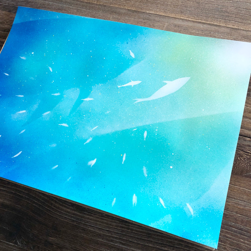 涼を感じる青】「上昇」原画 A3フレーム付き風景画 スプレーアート