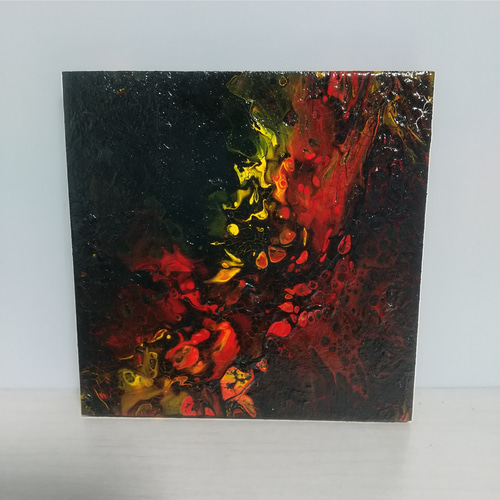原画 黒 赤 黄色 ポーリングアート フルイドアート 抽象画 オリジナル