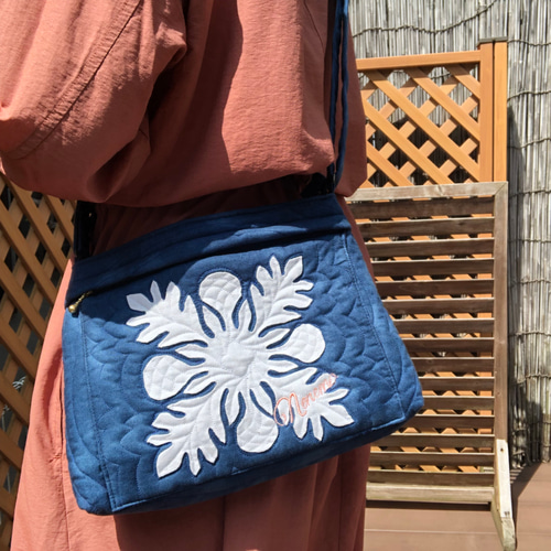 ハワイアンキルト ショルダーバックタイプB 白ネイビー ショルダー