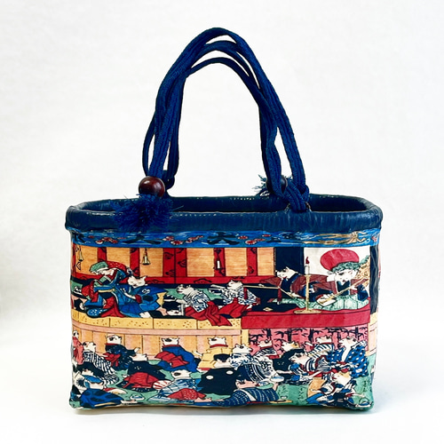 一閑張りバック “志ん板猫乃大寄せ” 浮世絵仕上げ かごバッグ Momo太郎