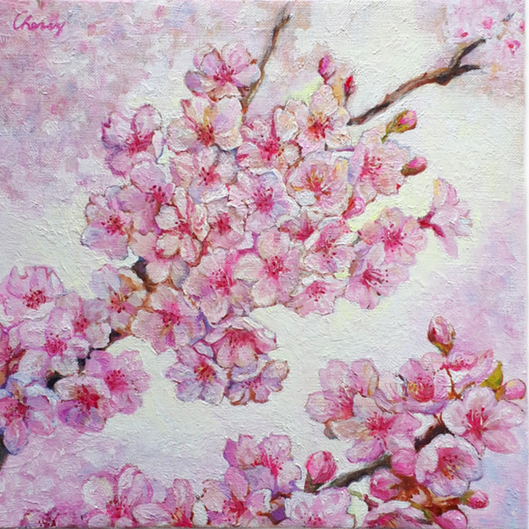 一点物】『 ビビットな桜 』油絵 S3号 油彩 油画 絵画 インテリア