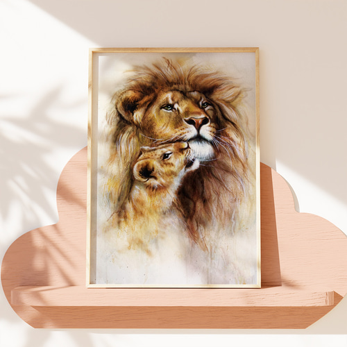 キッズポスター ライオン 親子 水彩画 やさしいブラウン トーン 北欧風