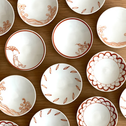 京焼・清水焼】京都 水野春陽窯 上絵 赤絵 豆皿（鳥獣戯画、波、種、花