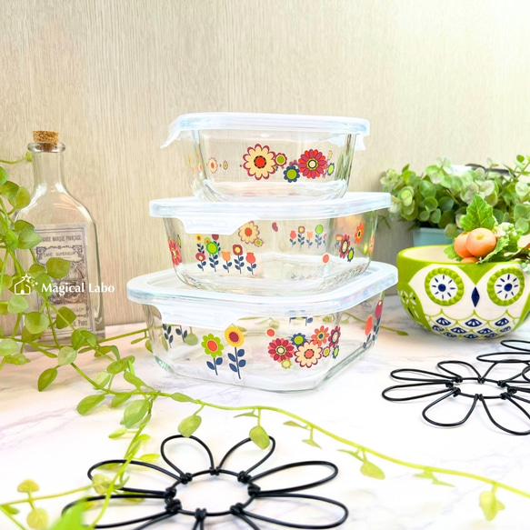 昭和レトロな保存容器大中小3点セット☆耐熱ガラス 保存容器