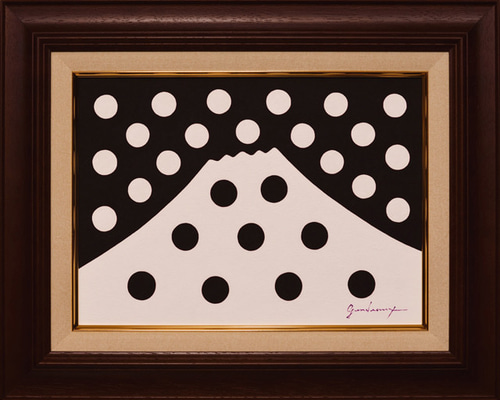 ○【雪のドット＆白富士】○がんどうあつし肉筆絵画アクリルF4ブラウン