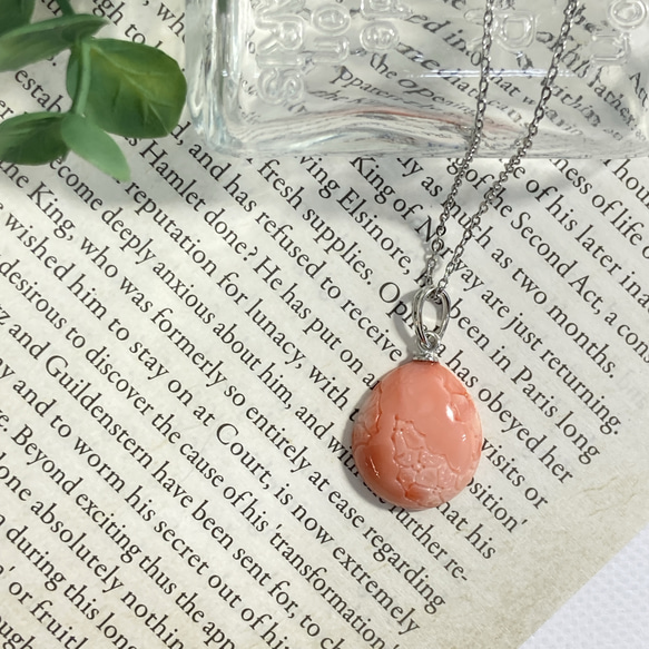 宝石珊瑚 彫り珊瑚 ペンダント スライドボールチェーン ステンレス