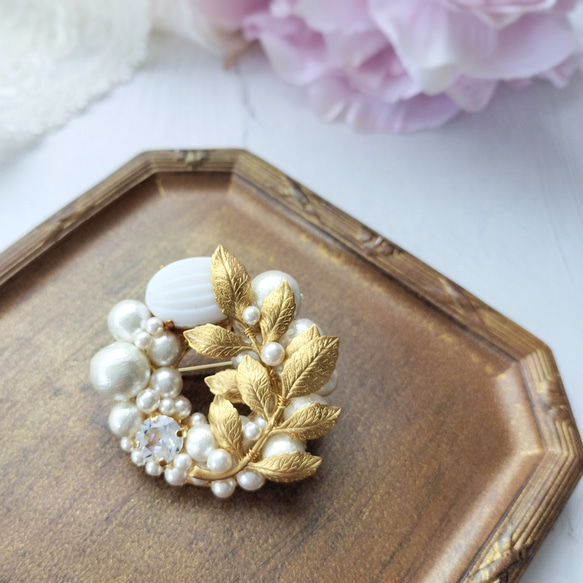 再販》ブローチ 真鍮 ダブルリーフ ヴィンテージ カボション コットン