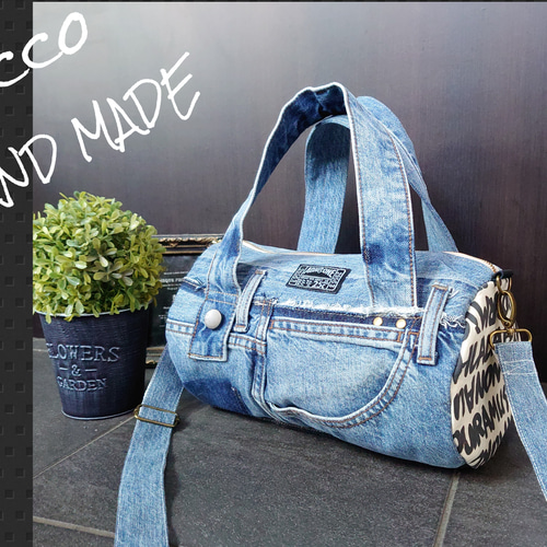 No.193【DENIM✖️ドラム缶型BAG❤️】デニムリメイクショルダーバッグ