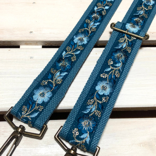38mm幅・斜め掛け用ショルダーストラップ☆デニムブルーベルト+青緑の