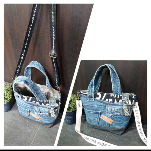 No.197【DENIM✖️英字✖️チェック】デニムリメイクトートバッグ