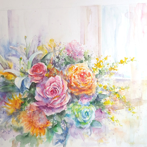 窓辺のブーケ(薔薇)／透明水彩画額付き原画(F6) 絵画 サクラビト