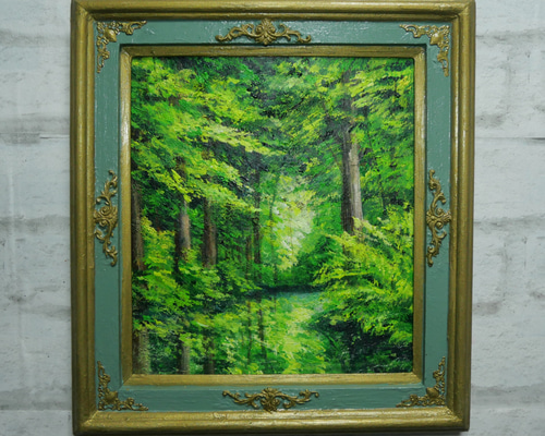 油絵 菅家令子絵 絵画インテリア額付(青緑＋金色の枠)uF6-063004ぶどう