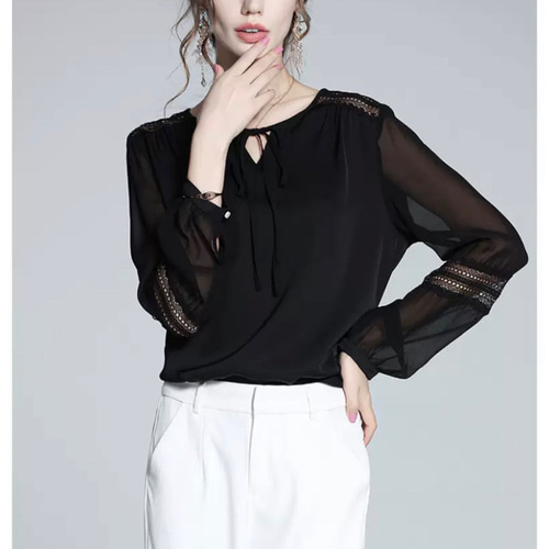 ジョーゼットシルク】シースルー袖とレースのフェミニンブラウス【春夏