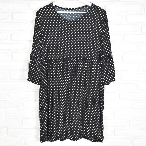 再販 ドット柄フリルスリーブチュニック 水玉 ブラック チュニック