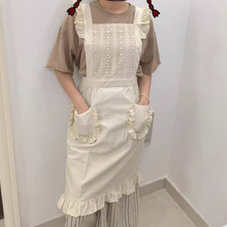 ベージュ レース 綿 肩フリル 裾フリル フレンチスタイル ワンピース