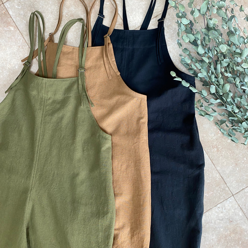 再販5 大人の細見え♪リラックスサロペット(オリーブカーキ）＊受注