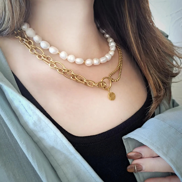 Dua ネックレス2連セット ホワイト淡水パール ゴールドステンレス