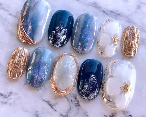 サイズオーダー ネイルチップ 5791 ネイビー ホワイト フラワー 成人式