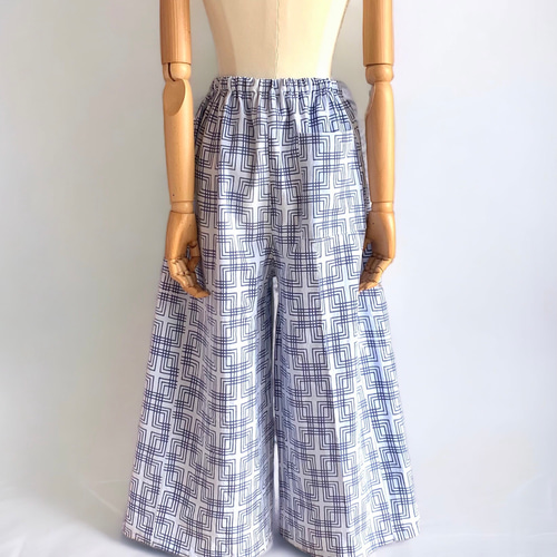 ワイドパンツ【送料無料】浴衣リメイク ブルー キュロット・ワイド