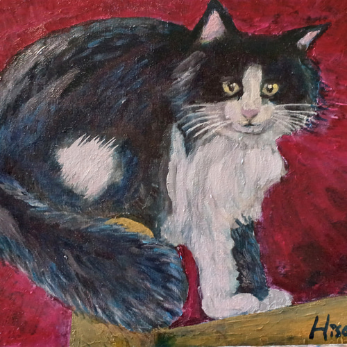 猫 油彩画 F6 410×318×2 キャンバスにoil 画家オリジナル 絵画 Hisako