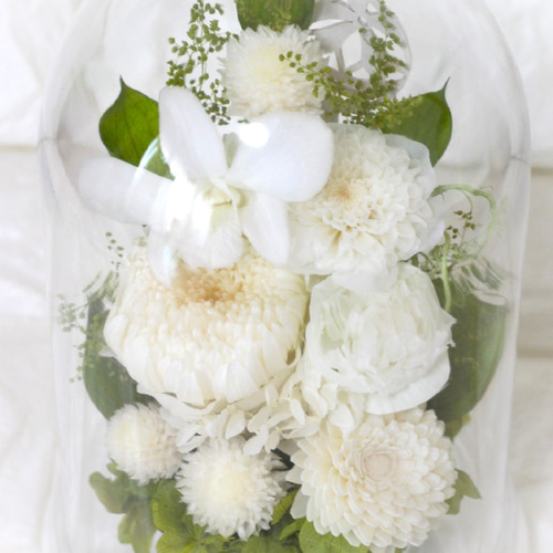 ホワイト仏花 白色 お供え 菊 四十九日 ドーム プリザーブドフラワー