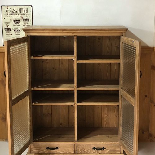 アンティーク本棚 引き出し2杯付 チェッカーガラス扉 オーダー可 総