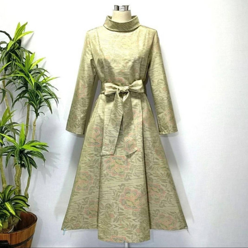 アンティーク大島紬 着物リメイク ワンピース 2WAY 花柄 Aライン