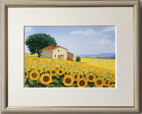 ひまわり畑」透明水彩画 原画 風景画 額縁付 SMサイズ 絵画 Oni 通販