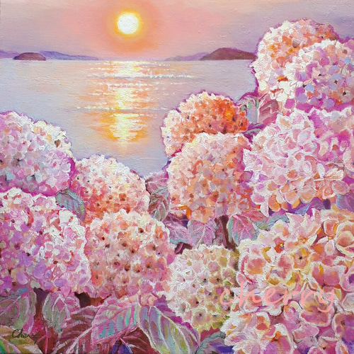 一点物】『 瀬戸内海の夕日と紫陽花 』油絵 油彩 油画 インテリア