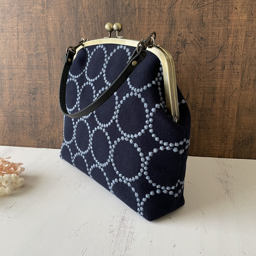 新作 口金24cm縦長め がま口 ミナペルホネン dop タンバリン ネイビー