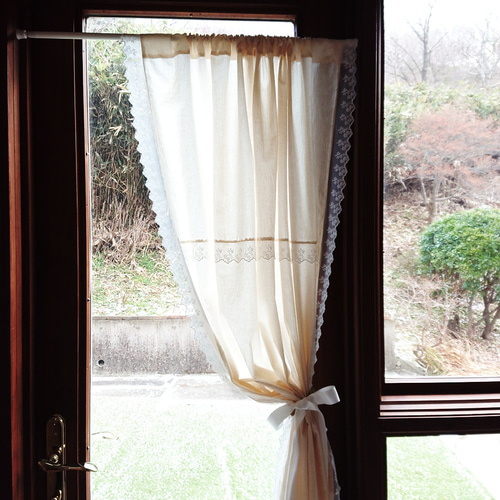 ナチュラルコットン♪3方チュールレースの間仕切りカフェカーテン