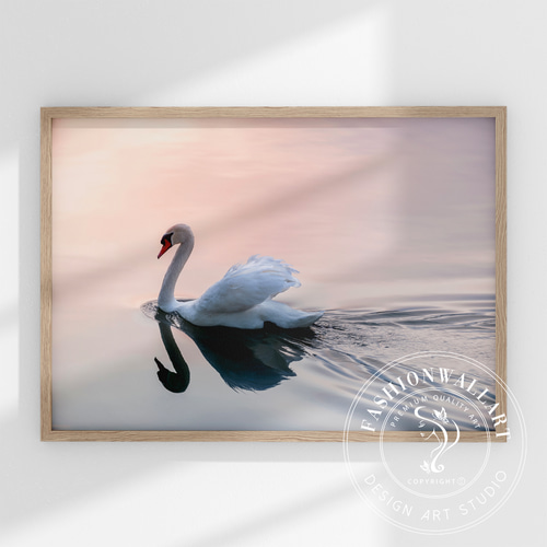 アートポスター 白鳥 水面反射 パステルピンク ブルー ミニマル 癒し