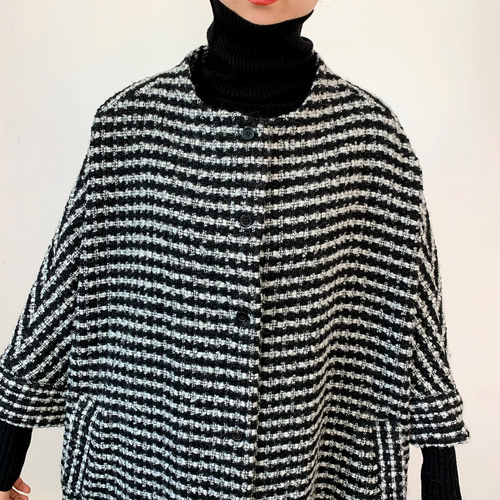 en-enウール混紡ツイード・ドルマン袖コート黒×白 コート en-en 通販