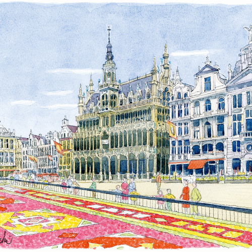 水彩で描く風景画『ベルギー ブリュッセル グラン＝プラス』ジグレ版画
