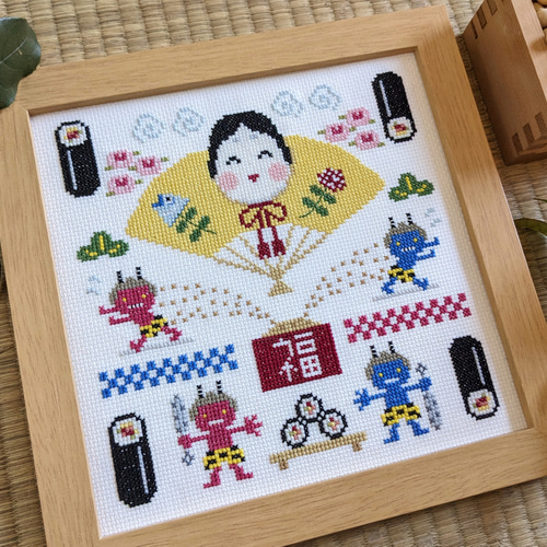 クロスステッチ図案【節 分】♬鬼は外 福は内 / カレンダーシリーズ2月