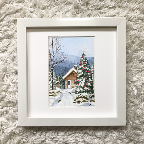 ホワイトクリスマス04」透明水彩画 原画 風景画 額縁付 ハガキサイズ
