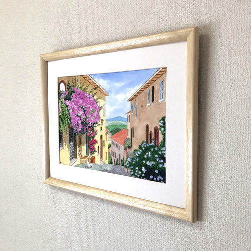 花の咲く路地01」透明水彩画 原画 風景画 額縁付 F4サイズ 絵画 Oni