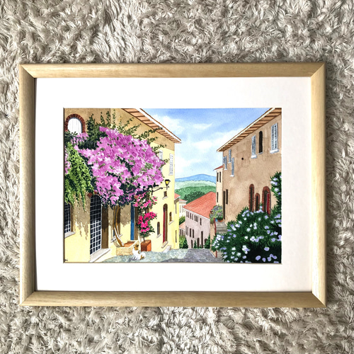 花の咲く路地01」透明水彩画 原画 風景画 額縁付 F4サイズ 絵画 Oni