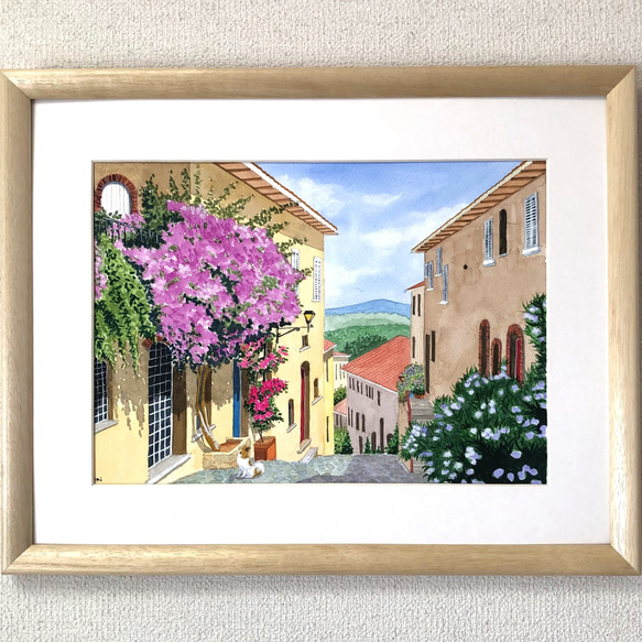 花の咲く路地01」透明水彩画 原画 風景画 額縁付 F4サイズ 絵画 Oni