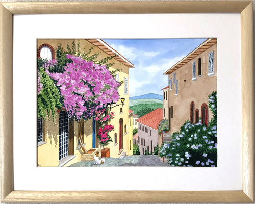 花の咲く路地01」透明水彩画 原画 風景画 額縁付 F4サイズ 絵画 Oni