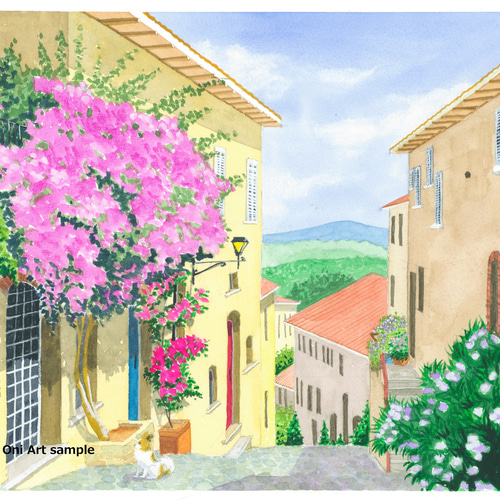 花の咲く路地01」透明水彩画 原画 風景画 額縁付 F4サイズ 絵画 Oni