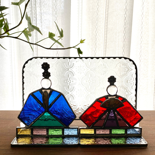 ブルー・レッドのガラスのお雛様♢ステンドグラス サンキャッチャー