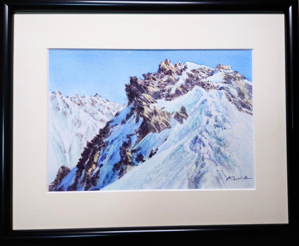槍ケ岳遠望₋Ⅴ・Ⅵのコルより 北アルプス 登山 雪山 山岳画 水彩画