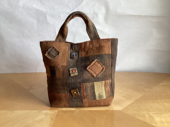 ランダム染めの柿渋染めパッチワークバック (2) トートバッグ ひだまり