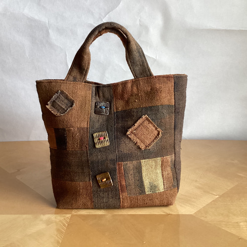 ランダム染めの柿渋染めパッチワークバック (2) トートバッグ ひだまり