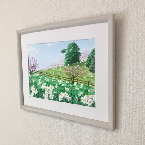 白い水仙と梅の花 」透明水彩画 原画 風景画 額縁付 F4サイズ 絵画 Oni