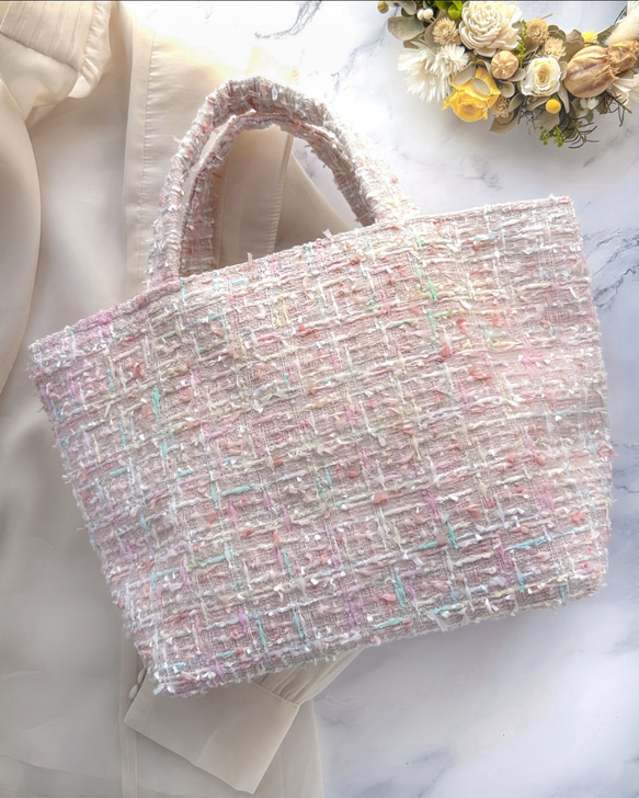 マチ広めトートバッグ 桜色 ピンク ツイード プレゼント ご褒美