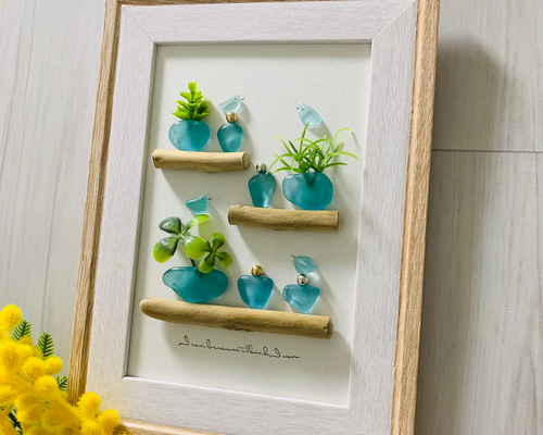 シーグラスアート 幸せの青い鳥 インテリア雑貨 壁掛け 置物 北欧 観葉