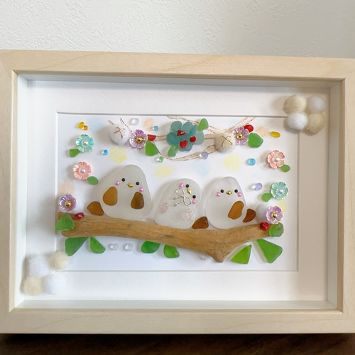 シーグラスアート【シマエナガちゃん親子…テヘって】 インテリア雑貨