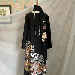 着物リメイク 黒留袖ドレス 御所車 友禅染 Aライン ハンドメイド